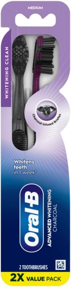 3D White Charcoal Manual Toothbrush (2-Pack, Medium Bristles, Adult Whitening Toothbrush)