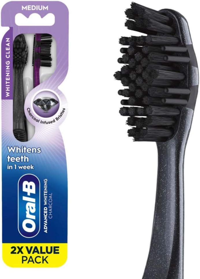 3D White Charcoal Manual Toothbrush (2-Pack, Medium Bristles, Adult Whitening Toothbrush)