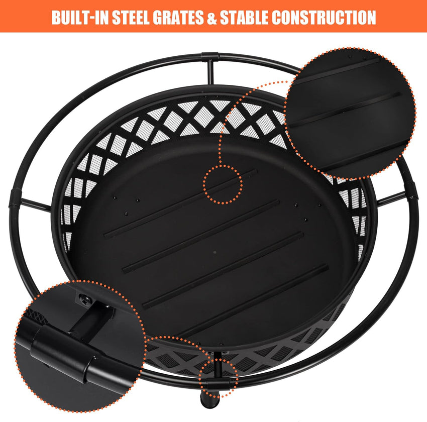 SUNCREAT 42 Patio Fire Pit Wood Burning with Mesh Spark Screen. Bonfire Outdoor firepit with Fireplace Poker. Black