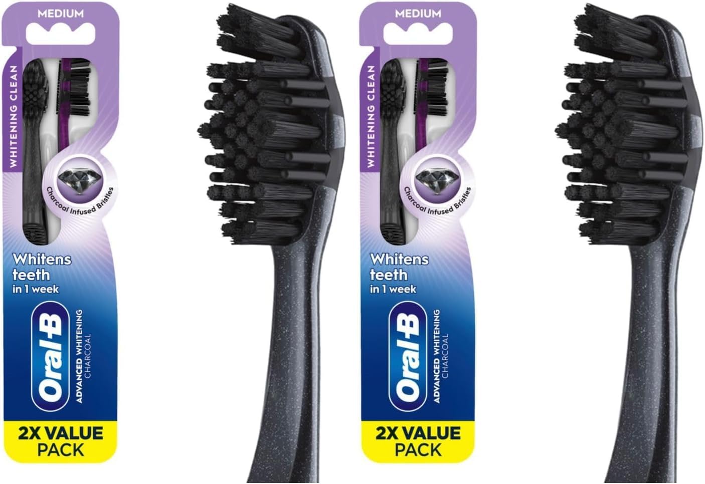 3D White Charcoal Manual Toothbrush (2-Pack, Medium Bristles, Adult Whitening Toothbrush)