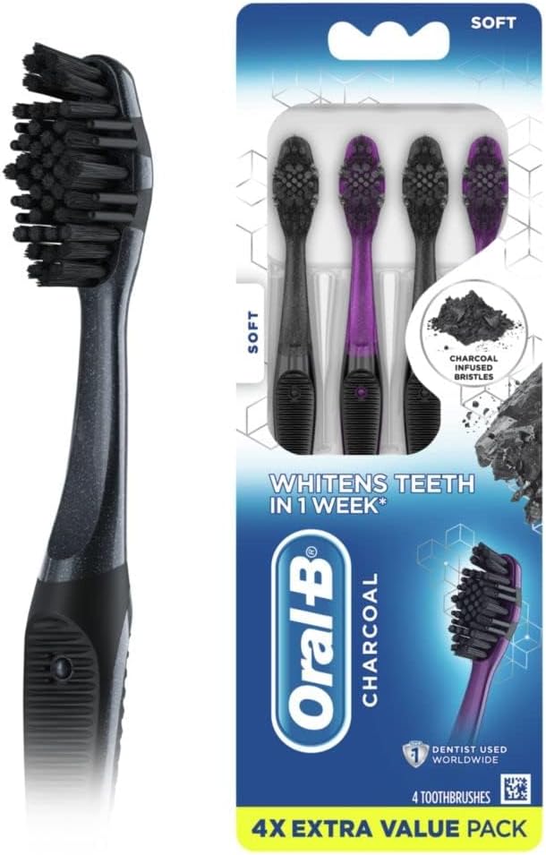 3D White Charcoal Manual Toothbrush (2-Pack, Medium Bristles, Adult Whitening Toothbrush)