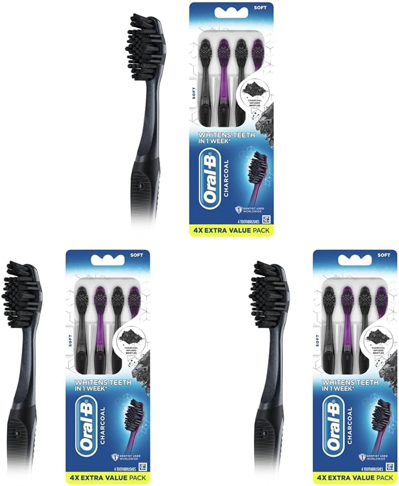 3D White Charcoal Manual Toothbrush (2-Pack, Medium Bristles, Adult Whitening Toothbrush)