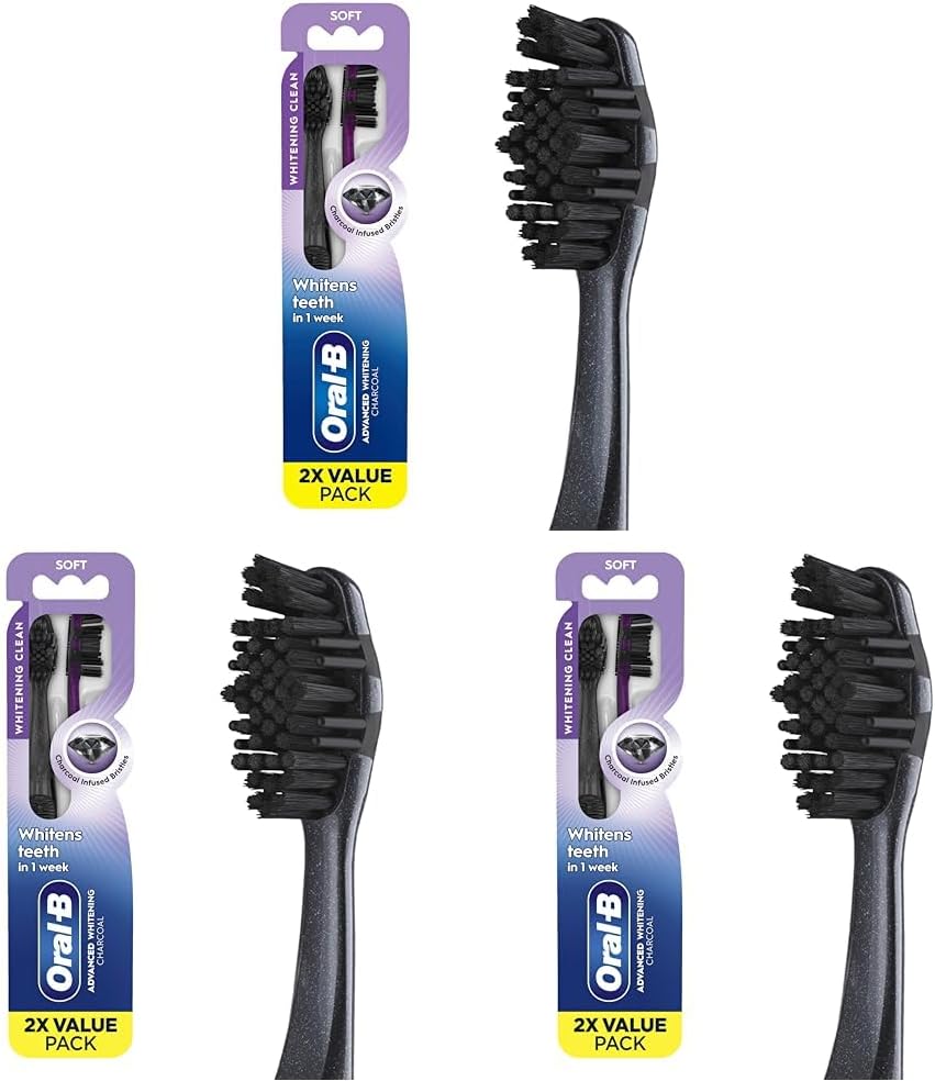 3D White Charcoal Manual Toothbrush (2-Pack, Medium Bristles, Adult Whitening Toothbrush)