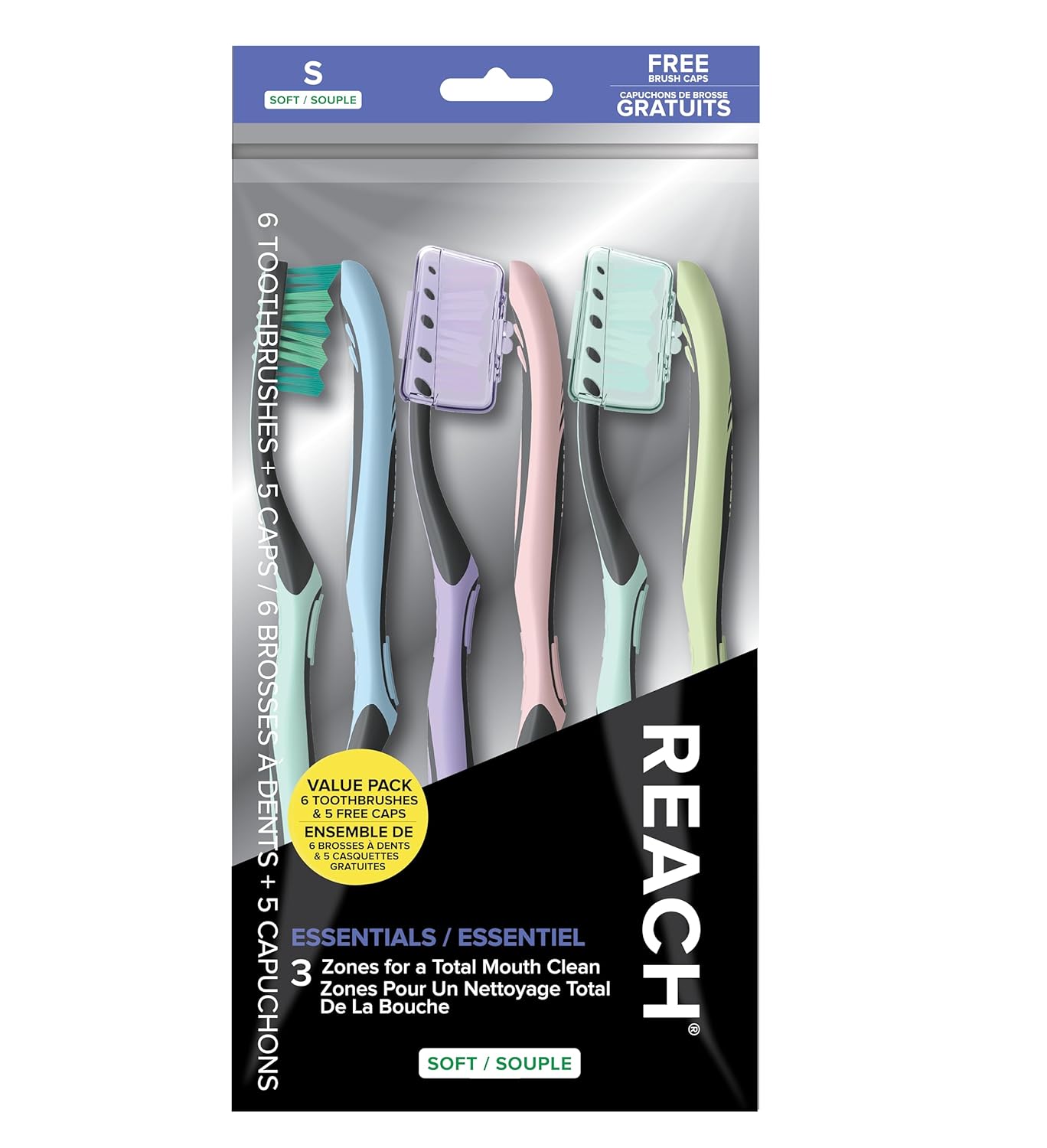 Toothbrush (includes bristle protective cap). Multi-zone angled soft-bristle tongue cleaner. Pack of 6.