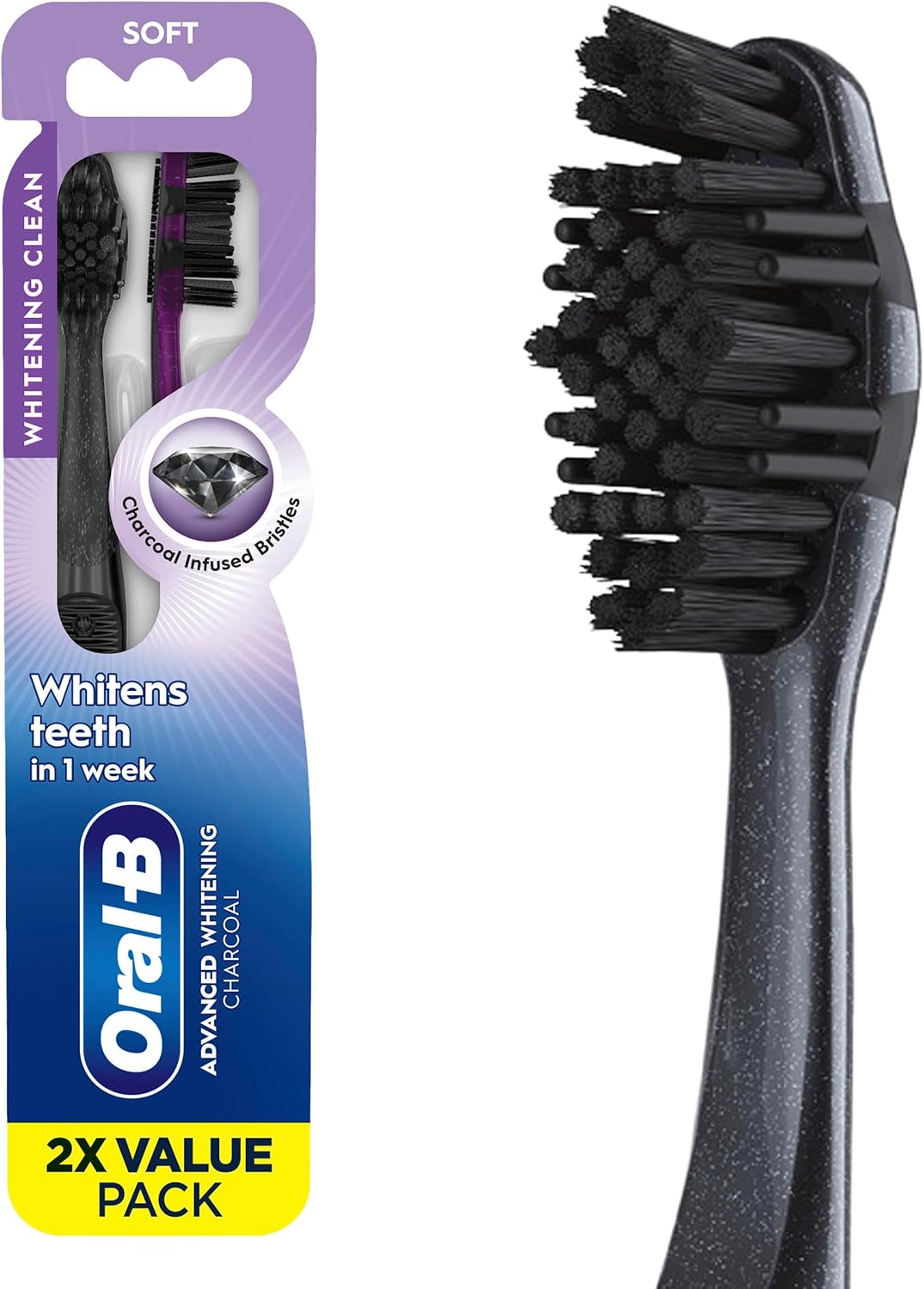 3D White Charcoal Manual Toothbrush (2-Pack, Medium Bristles, Adult Whitening Toothbrush)