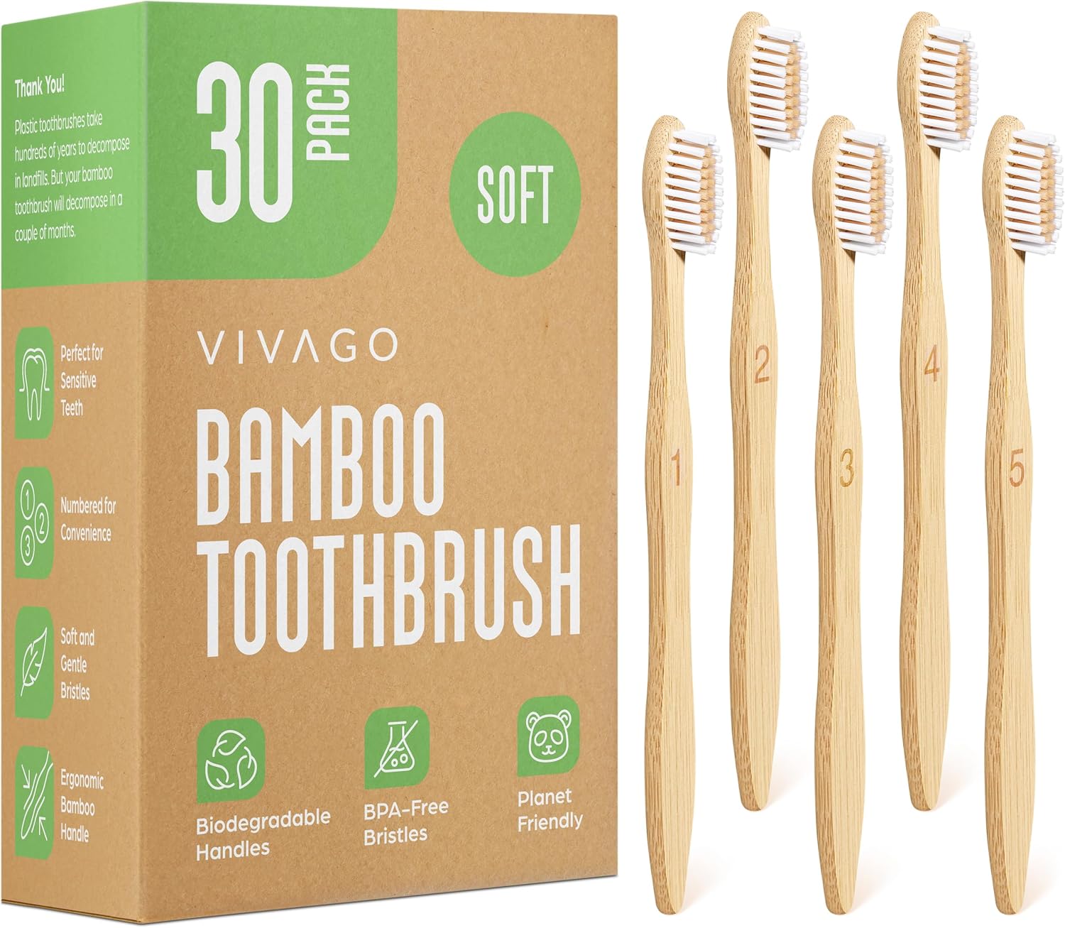 Bamboo Toothbrushes (Pack of 10) — BPA-Free, Soft Bristles, Eco-Friendly, Natural Wood Toothbrushes