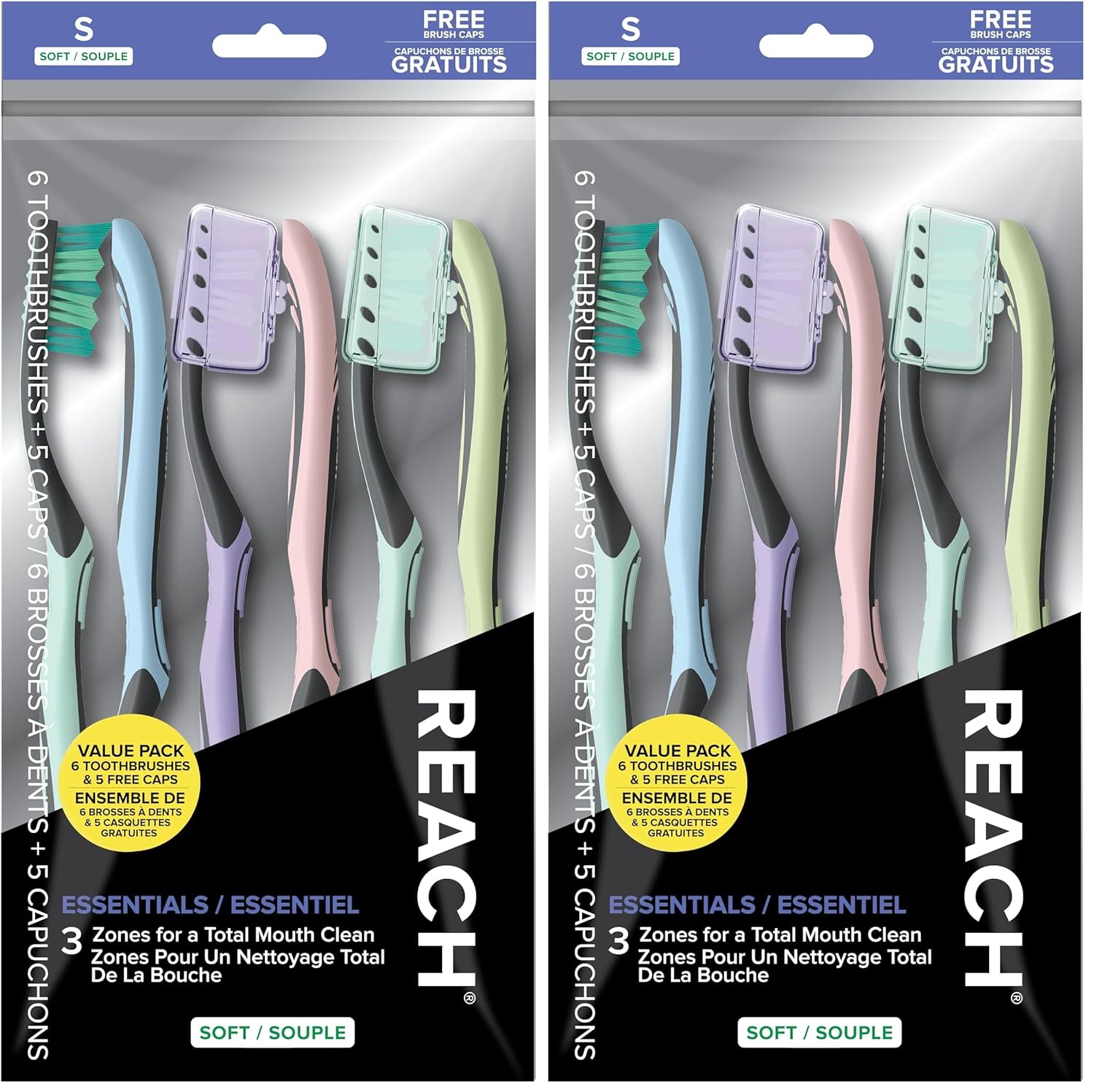 Toothbrush (includes bristle protective cap). Multi-zone angled soft-bristle tongue cleaner. Pack of 6.
