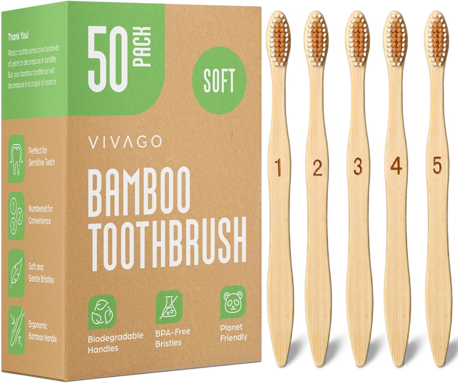 Bamboo Toothbrushes (Pack of 10) — BPA-Free, Soft Bristles, Eco-Friendly, Natural Wood Toothbrushes
