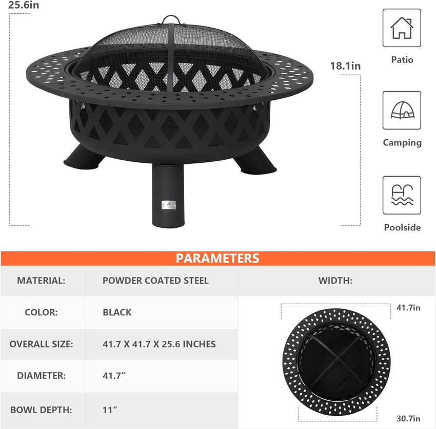 SUNCREAT 42 Patio Fire Pit Wood Burning with Mesh Spark Screen. Bonfire Outdoor firepit with Fireplace Poker. Black